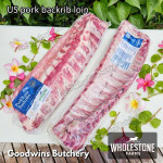 Pork baikut iga import US Berkshire WholeStone Nebraska BACKRIB LOIN 12-13ribs back rib frozen +/- 1.3 kg/slab dimension 45x14cm 18x5" (price/kg)